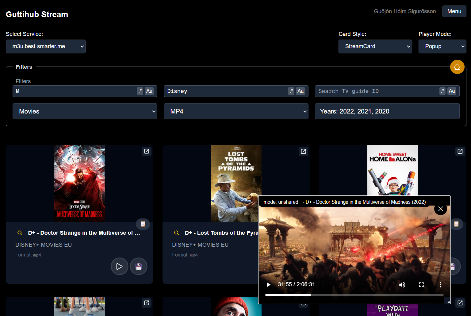Screenshot of the Guttihub Stream project list